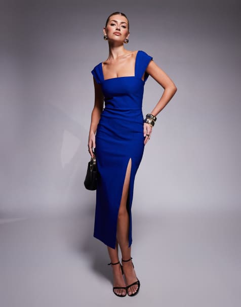 Vesper - Vestito midi in bengalina color cobalto con scollo quadrato e spacco sulla coscia - view 1