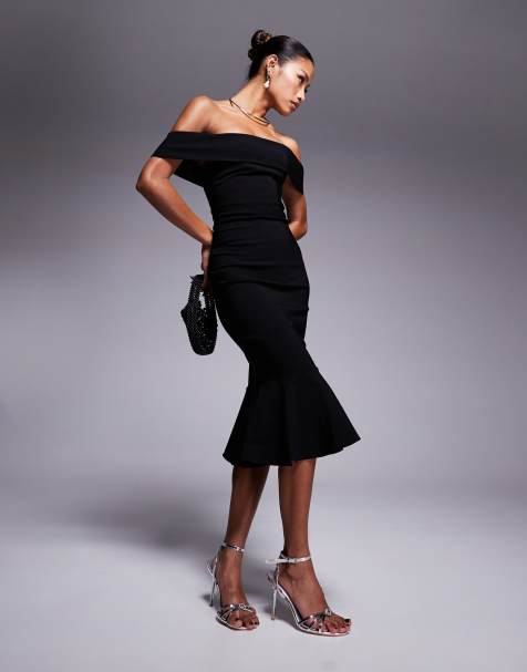 Vesper - Vestito midi in bengalina nero con scollo alla Bardot e fondo a coda di rondine - view 1