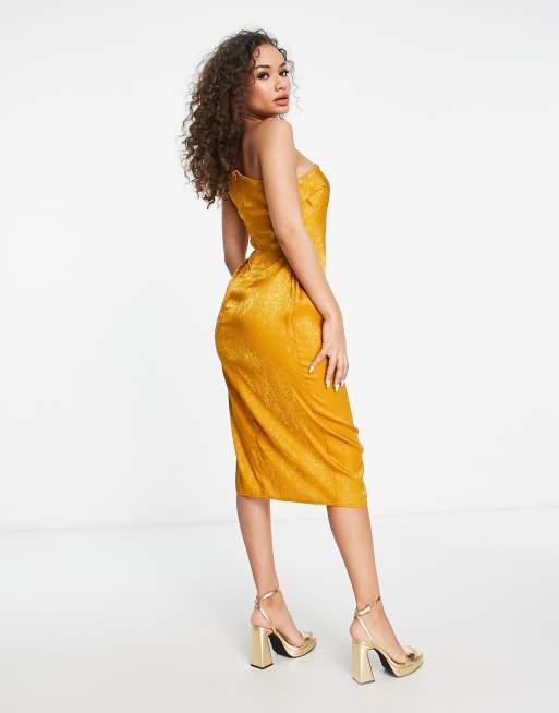 Vesper - Vestito midi monospalla in raso color oro , 2 di 4