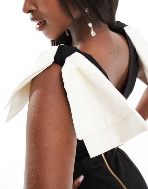 Vesper - Vestito midi nero in bengalina con scollo a V e maniche con fiocco bianco, 2 di 4