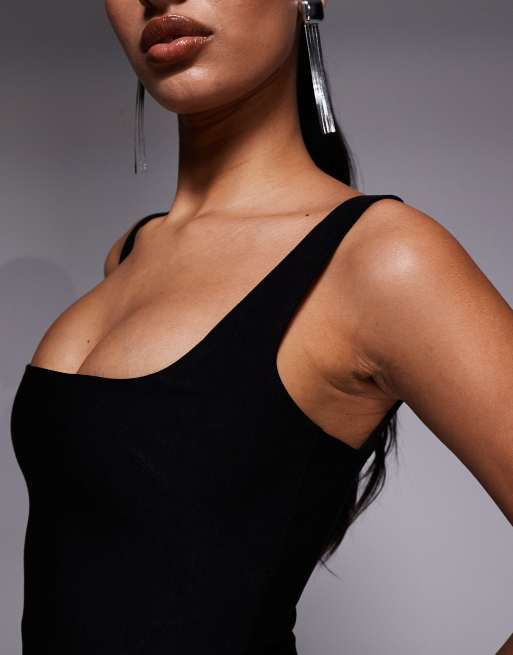 Vesper - Vestito midi nero in bengalina senza maniche con scollo squadrato e fondo a sirena, 3 di 4