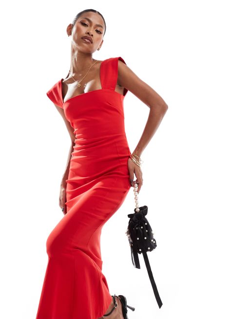 Vesper - Vestito rosso con fondo a sirena, scollo alla Bardot e gonna al polpaccio
