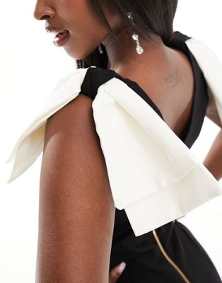 Vesper white bow sleeve v neck midi dress in black