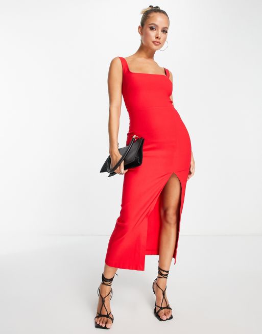 Vesper wide strap thigh split midi dress in red | ASOS