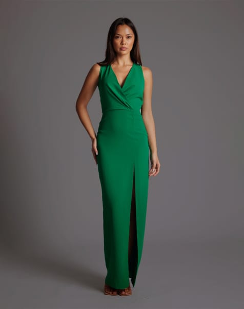 Vesper Wrap front maxi dress with thigh split in emerald - view 1