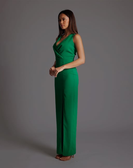 Vesper Wrap front maxi dress with thigh split in emerald, 3 of 4