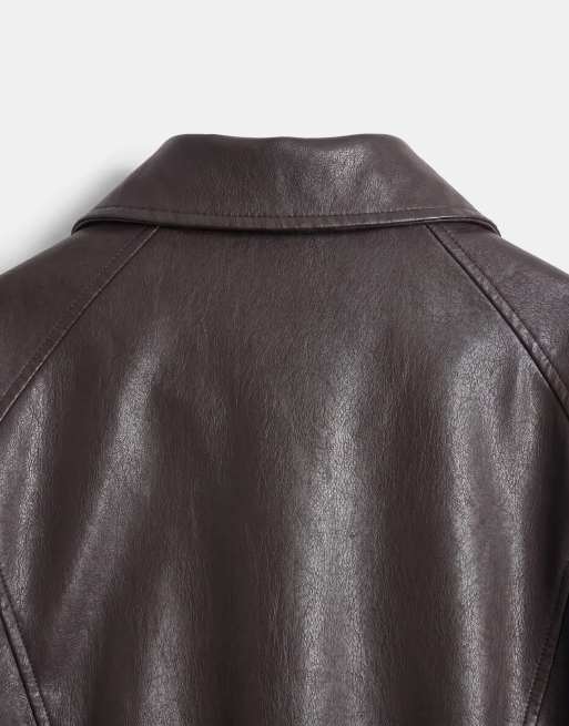 Veste en imitation cuir à col cheminée délavée marron foncé, 7 de 8