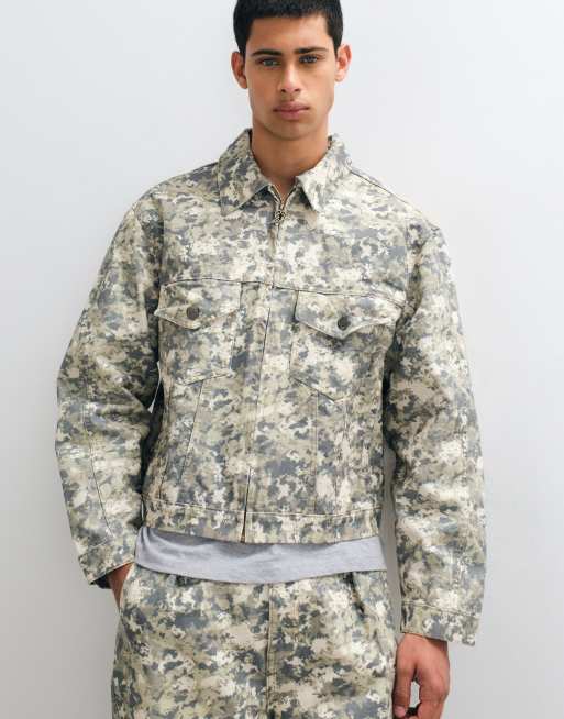 Veste en jean camouflage zippée oversize en ensemble 2 pièces multicolore