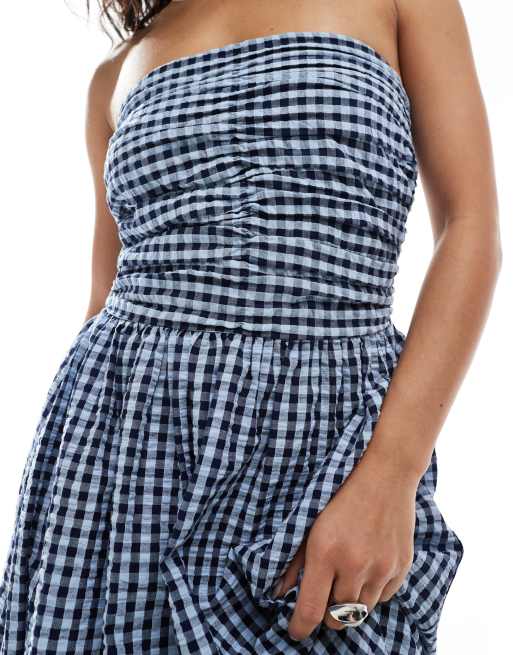 Vestido a cuadros vichy azul marino con escote palabra de honor de