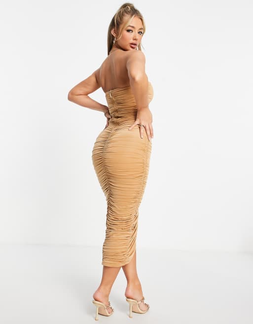 Vestido ajustado color camel fruncido de Rare London, 2 de 4