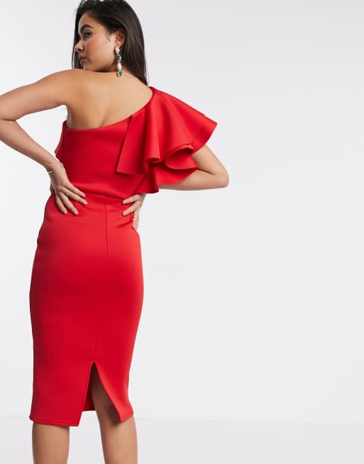 laringe En Vivo maíz Vestido ajustado midi asimétrico con volantes en rojo exclusivo de True  Violet | ASOS