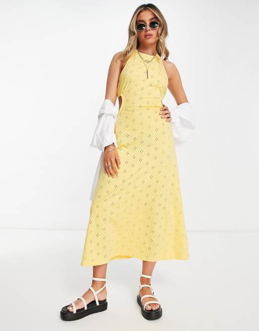 Pensamiento postura Rechazo Vestido amarillo con diseño bordado calado, cuello alto y espalda al aire  de ASOS DESIGN | ASOS