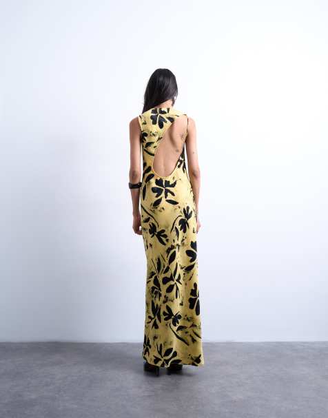 Vestido amarillo pastel asimétrico con estampado de hojas y espalda descubierta de Topshop - view 1