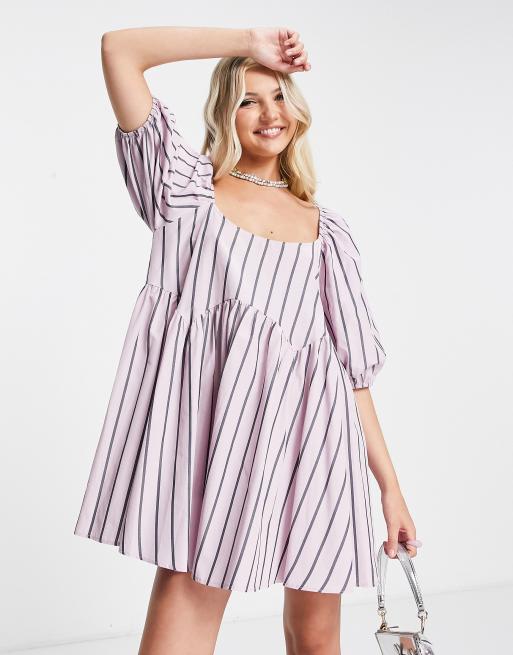 Vestido amplio a rayas con mangas abullonadas y costura festoneada de algodón de ASOS DESIGN