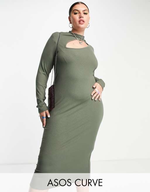 Vestido asimétrico de manga larga con detalle de abertura y aberturas para los pulgares de canalé de ASOS DESIGN Curve