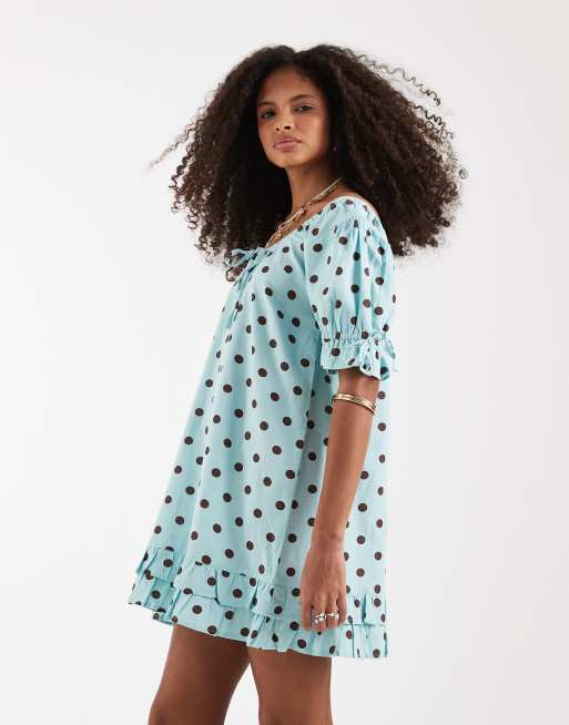 Vestido azul bruma marina amplio con estampado de lunares de Neon Rose, 2 de 4