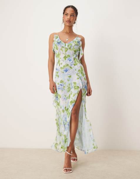 Vestido azul pálido con cuello de pico, estampado botánico, volante y abertura lateral de Mango - view 1