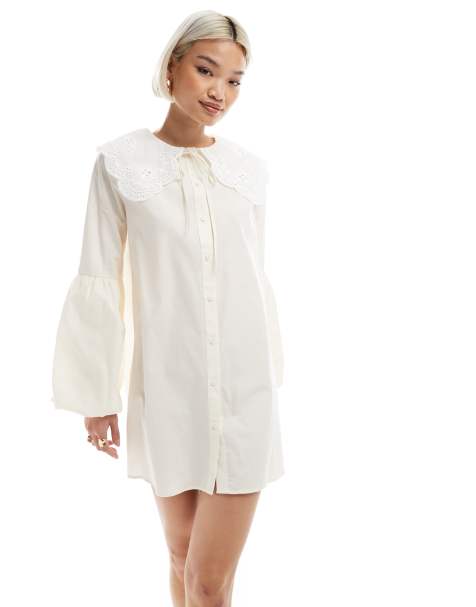 Vestido blanco amplio con mangas globo y cuello extragrande de Miss Selfridge - view 1