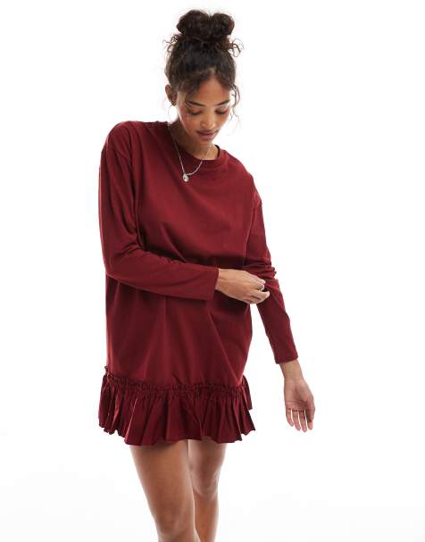 Vestido burdeos estilo camiseta de manga larga con detalle de volantes de popelina de Miss Selfridge - view 1