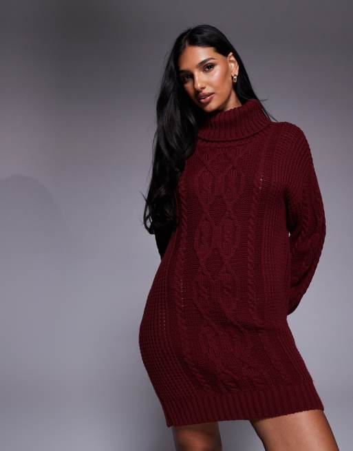 Vestido burdeos estilo jersey holgado con cuello vuelto de punto de canalé exclusivo de Kaiia, 3 de 4