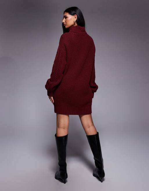 Vestido burdeos estilo jersey holgado con cuello vuelto de punto de canalé exclusivo de Kaiia, 4 de 4