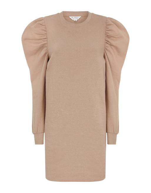 Vestido camel de estilo jersey con mangas abullonadas de Miss Selfridge, 4 de 4