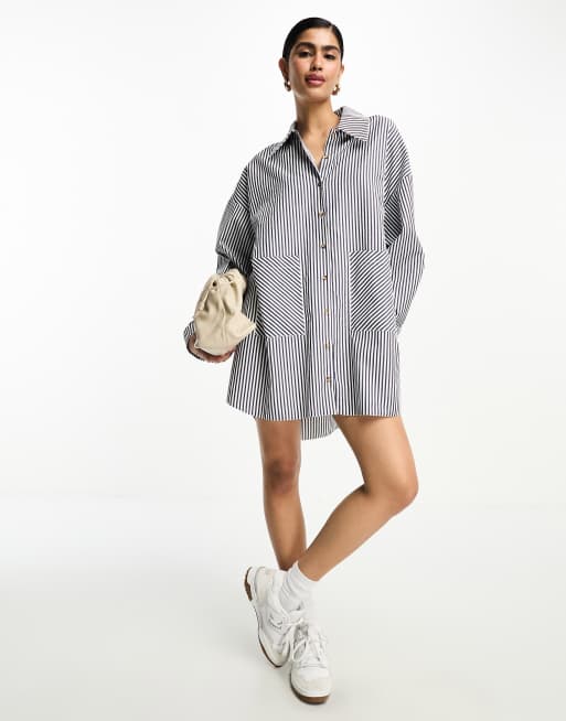 Vestido camisero a rayas azul marino extragrande con bolsillos bajos grandes de ASOS DESIGN