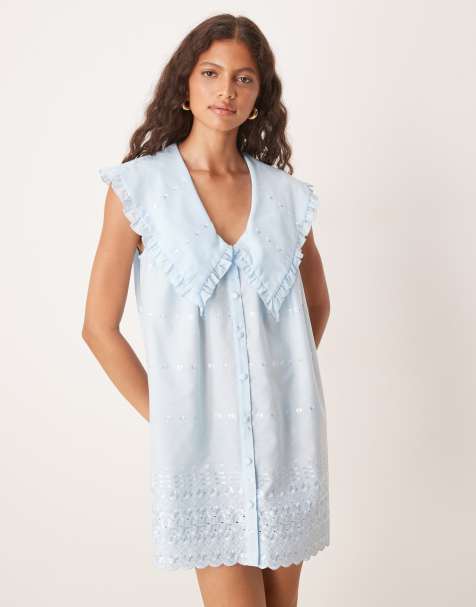 Vestido camisero azul extragrande sin mangas con solapas y bordado inglés de ASOS DESIGN - view 1