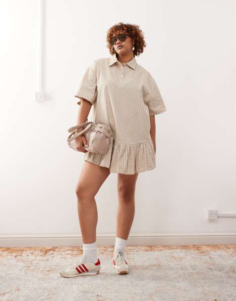 Vestido camisero beis a cuadros con falda de tablas de COLLUSION Plus - view 1
