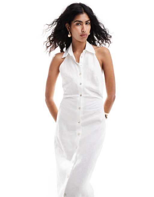 Vestido camisero blanco con cuello halter de lino Selection de