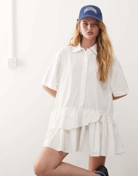 Vestido camisero blanco de manga corta con bajo escalonado de Monki - view 1