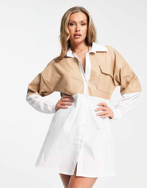 Vestido camisero color blanco y piedra con diseño de paneles de cuero sintético de Rebellious Fashion