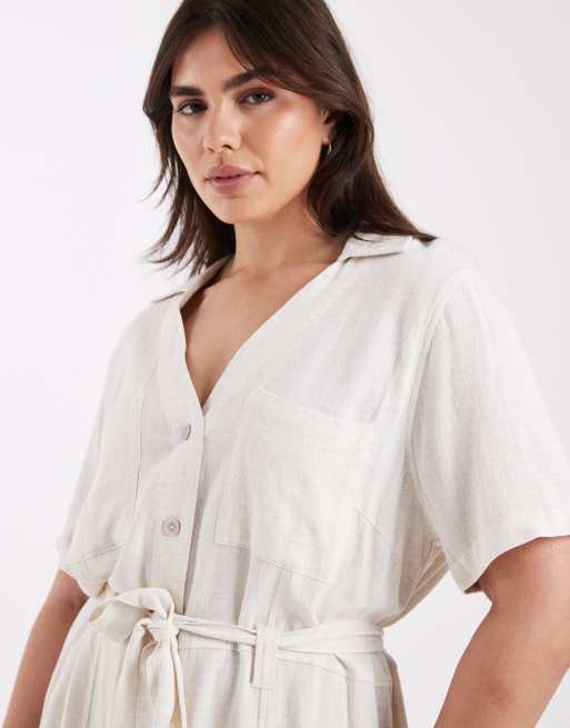 Vestido camisero color crema de mezcla de lino de ONLY Curve, 3 de 4