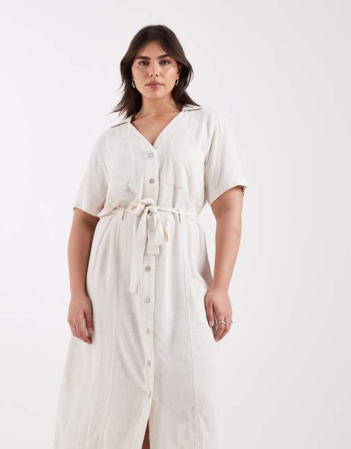 Vestido camisero color crema de mezcla de lino de ONLY Curve, 4 de 4