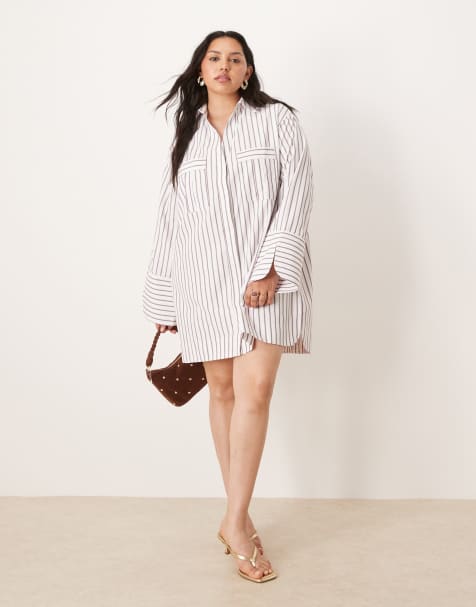 Vestido camisero corto a rayas burdeos con puños anchos y bolsillos extragrandes de ASOS DESIGN Curve - view 1