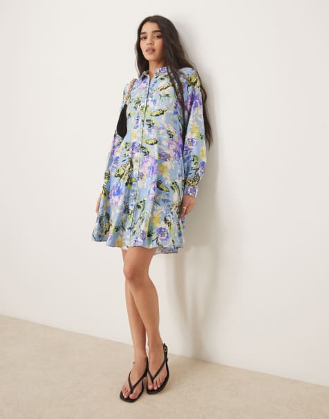 Vestido camisero corto azul con estampado floral y bajo con vuelo de YAS - view 1