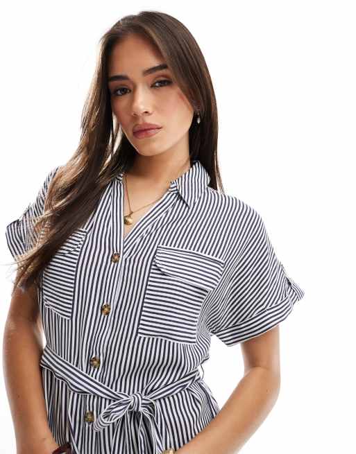 Vestido camisero corto azul marino a rayas con bolsillos de Vero Moda, 2 de 4