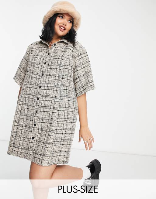Vestido camisero corto beis a cuadros de bouclé de ASOS DESIGN Curve 
