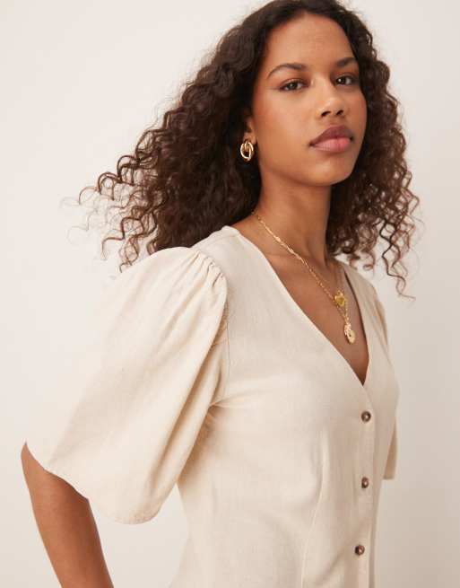 Vestido camisero corto beis de mezcla de lino de JDY, 3 de 4