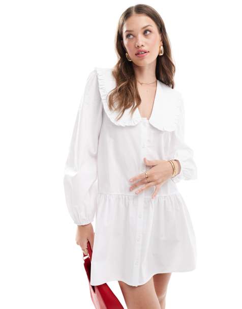 Vestido camisero corto blanco amplio con cuello de solapas de popelina de Miss Selfridge - view 1