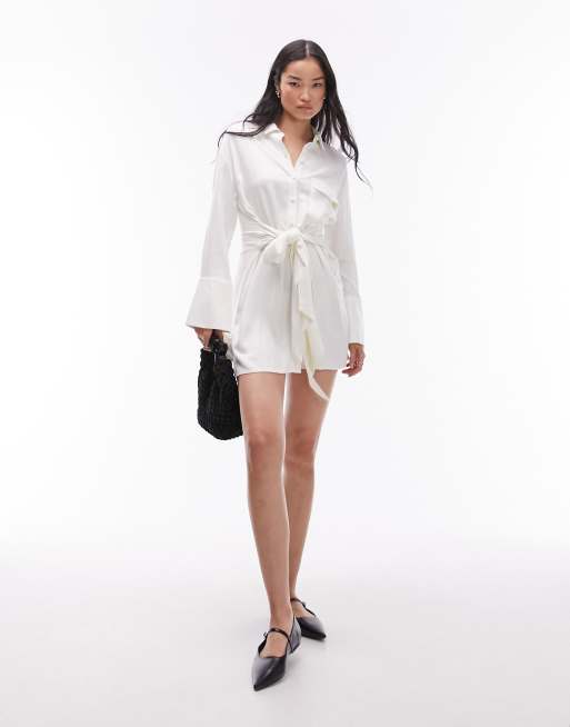 Vestido camisero corto blanco estilo kimono de lino de Topshop, 2 de 4