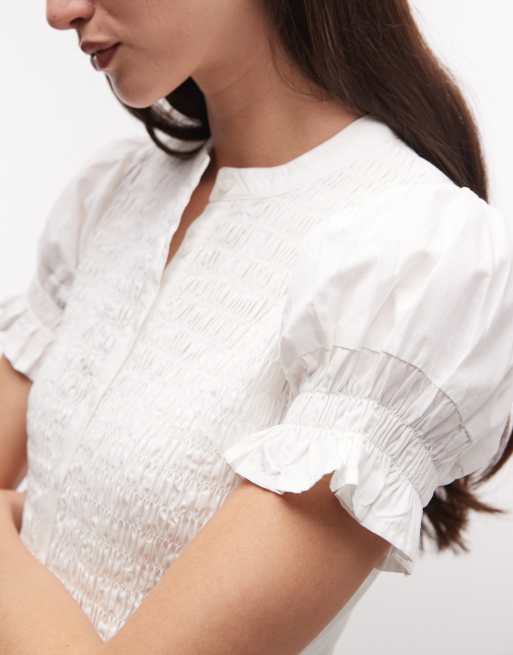 Vestido camisero corto blanco fruncido con botones de COLLUSION, 3 de 4