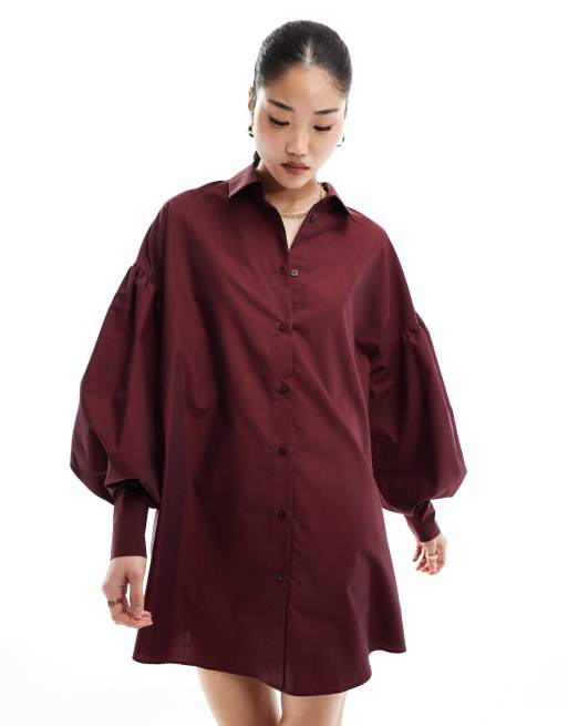 Vestido camisero corto burdeos de corte boyfriend con mangas abullonadas de ASOS DESIGN, 3 de 4