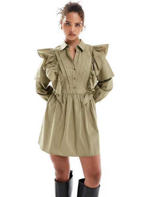 Vestido camisero corto color piedra con volantes de ASOS DESIGN