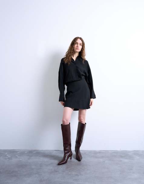 Vestido camisero corto negro con cintura ceñida de cupro de Topshop - view 1