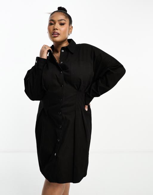 Vestido camisero corto negro con cintura marcada de sarga de ASOS DESIGN Curve