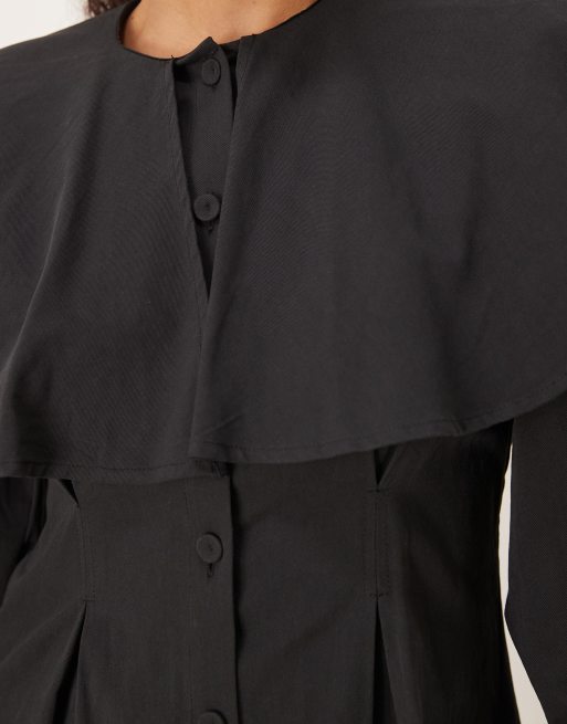 Vestido camisero corto negro con detalle estilo capa de Ghospell , 3 de 4