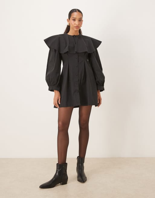 Vestido camisero corto negro con detalle estilo capa de Ghospell , 4 de 4