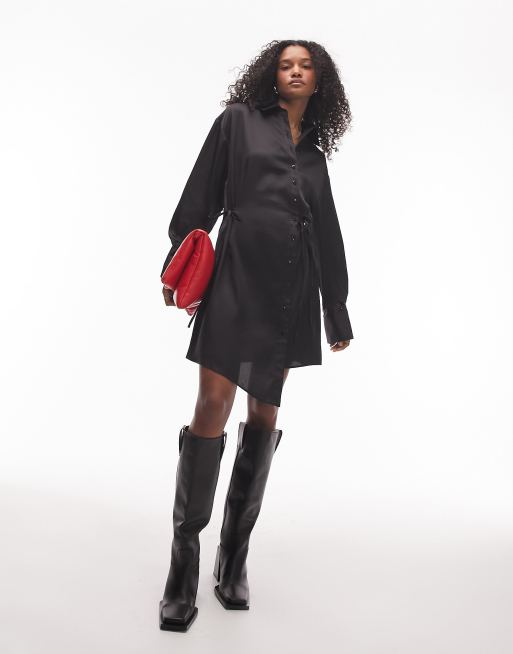 Vestido camisero corto negro con lazada lateral de Topshop