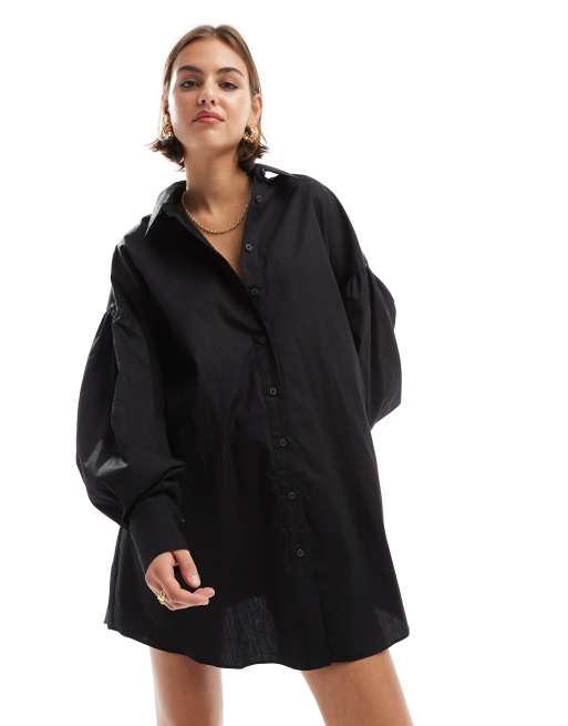 Vestido camisero corto negro de corte boyfriend con mangas de blusón de ASOS DESIGN, 4 de 4